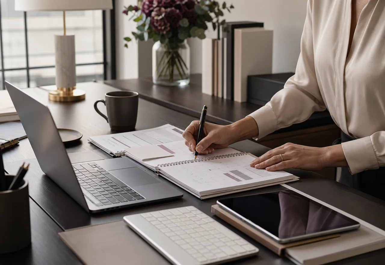 Premium executive workspace with planning materials for business support hiring