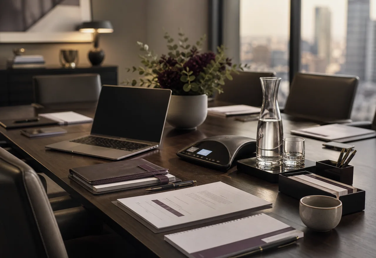 Premium boardroom preparation scene with agenda papers, laptop and conference table