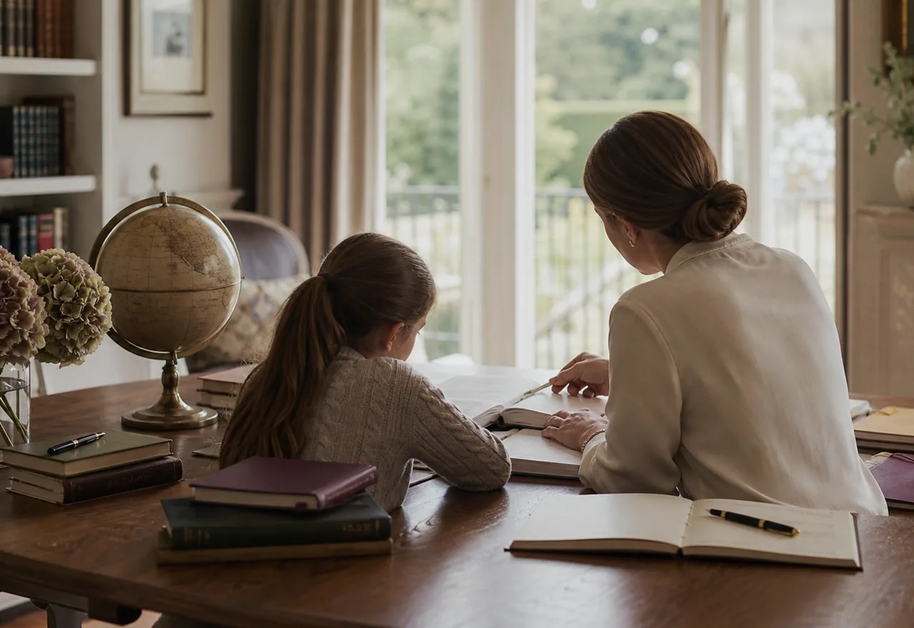 Private home tutoring table with books, globe and learning materials