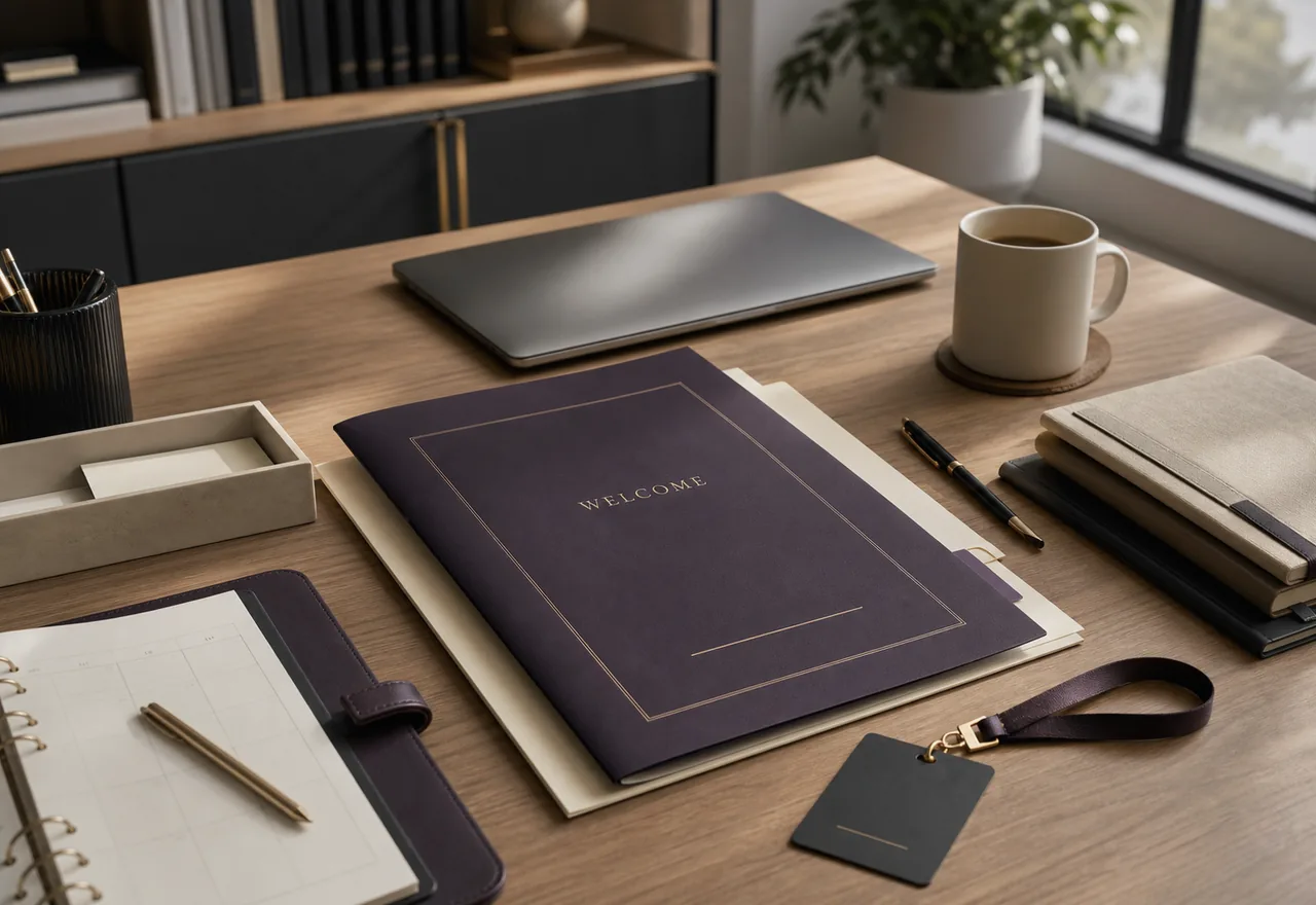 Executive office desk with welcome folder, laptop and onboarding materials