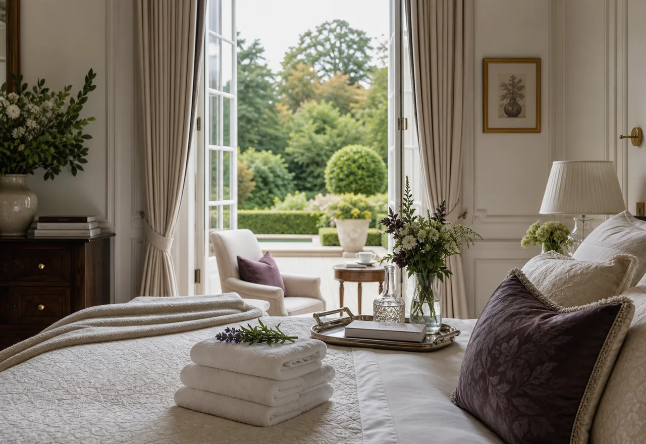 Immaculate private residence bedroom prepared with fresh linens and garden view