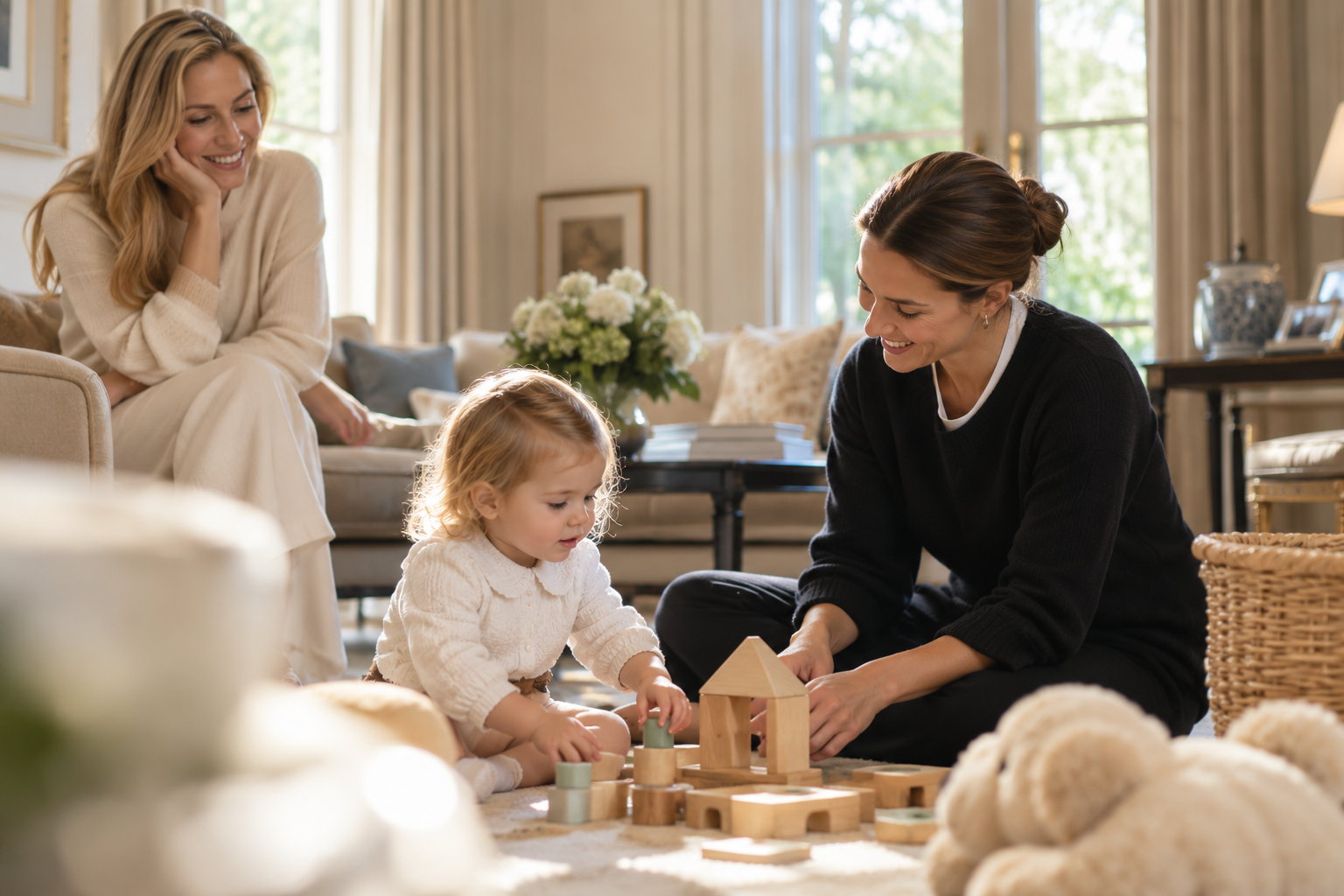 A professional nanny meeting a young child at home, capturing the trust and connection behind finding the right fit.