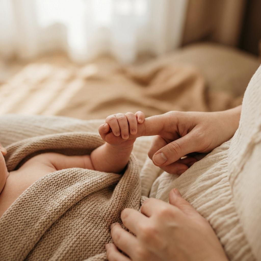 A close-up of a newborn holding an adult's finger