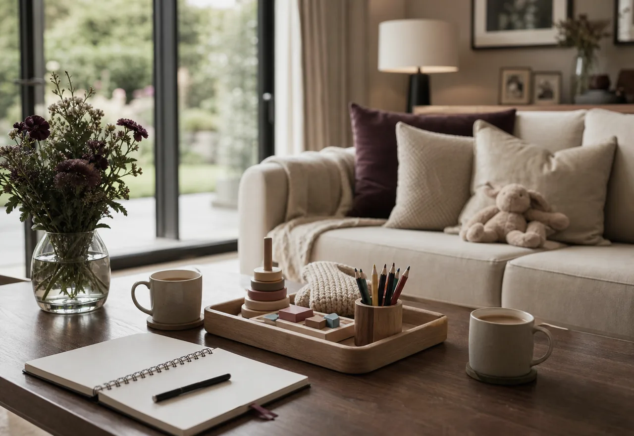 Private family sitting room with activity tray and feedback notebook for a nanny trial