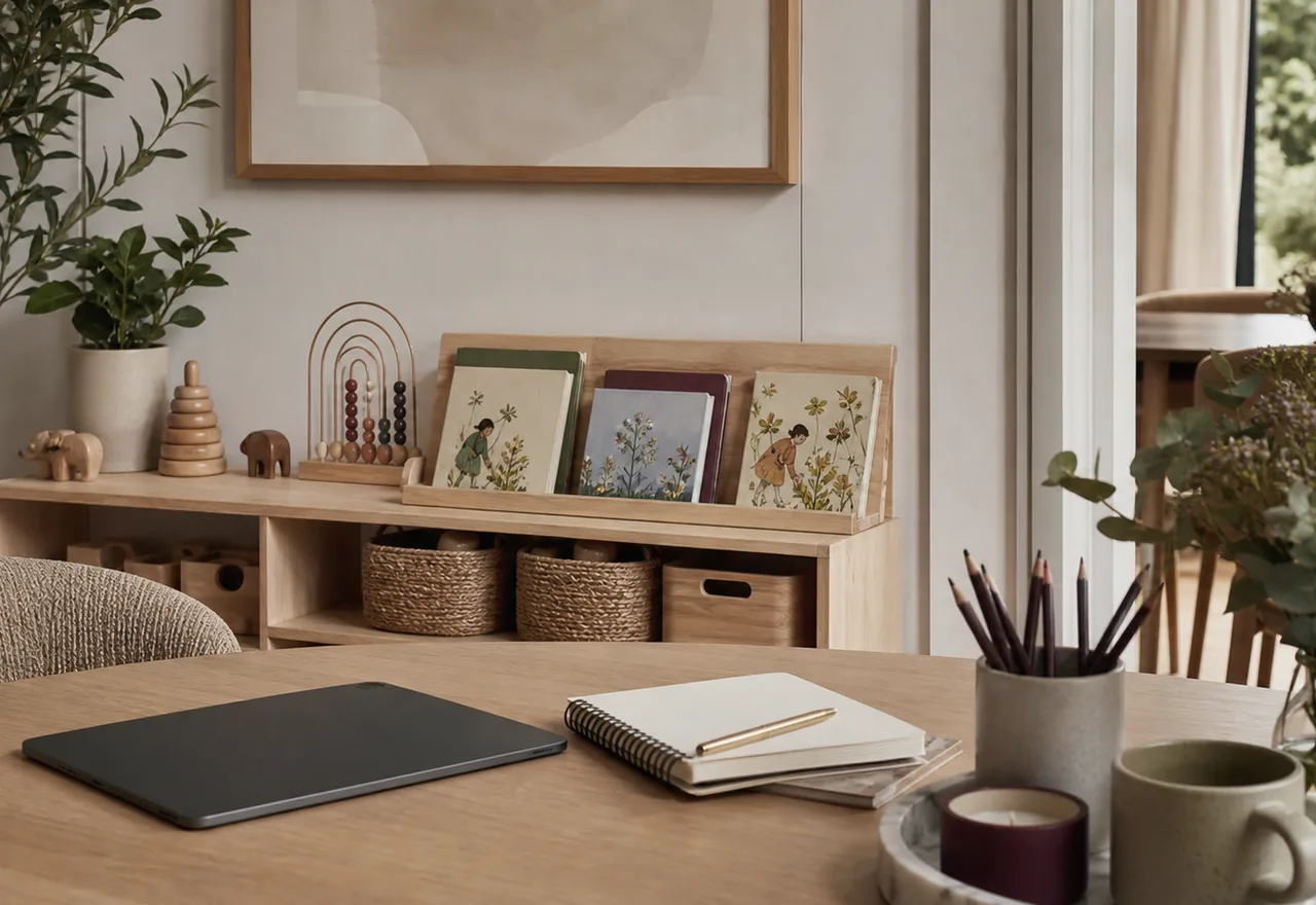 Modern private childcare learning corner with wooden educational materials