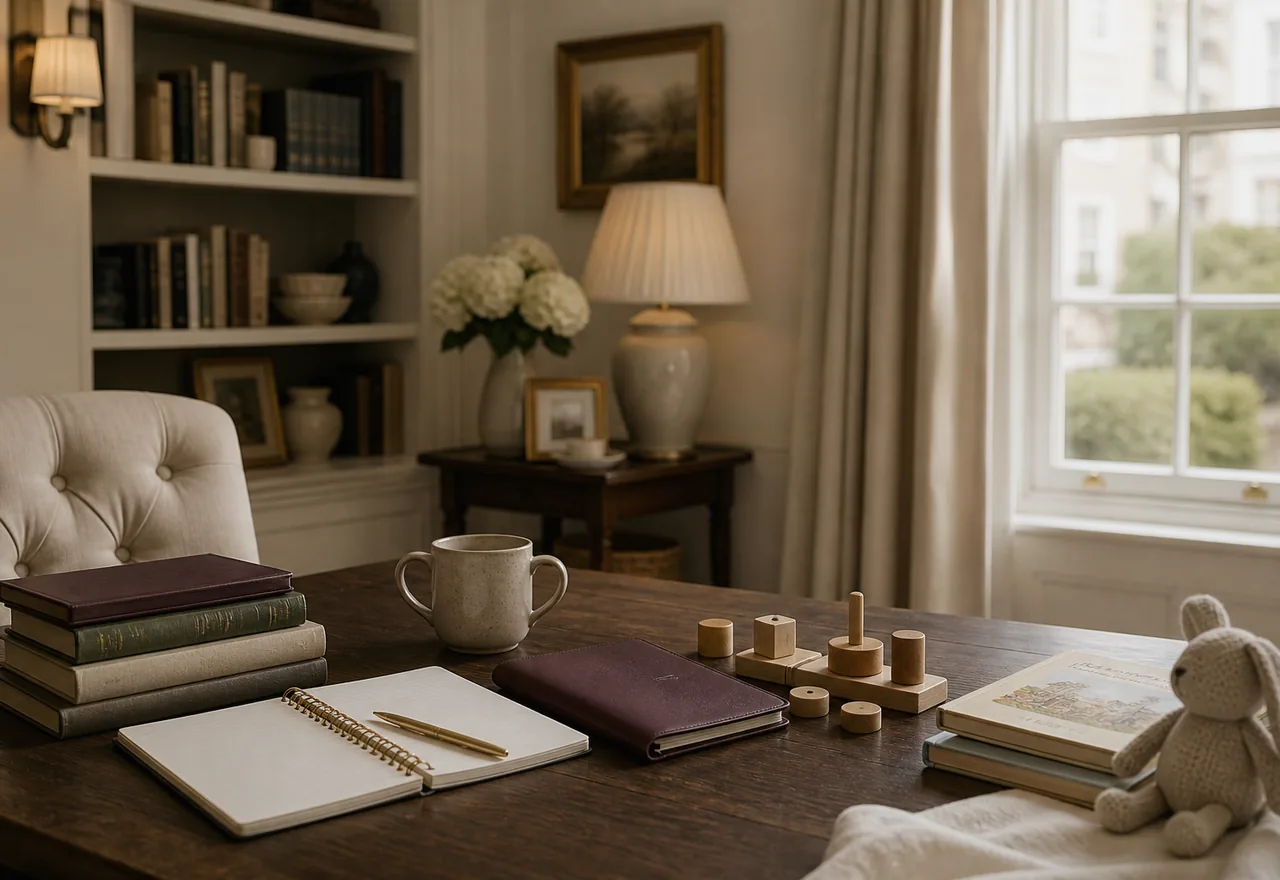 Elegant private home study with children’s books and education planning materials