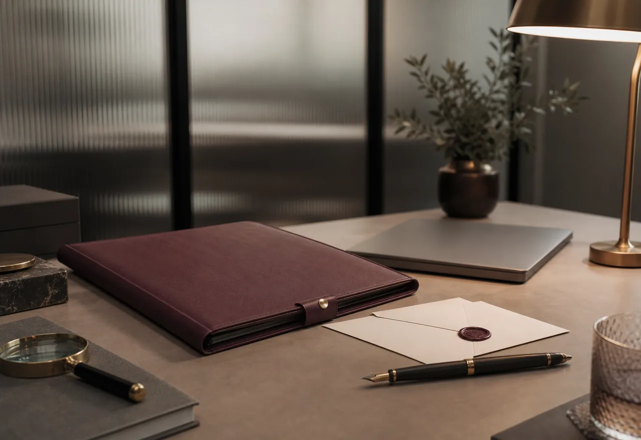 Discreet verification folder and fountain pen on an elegant desk for confidential checks