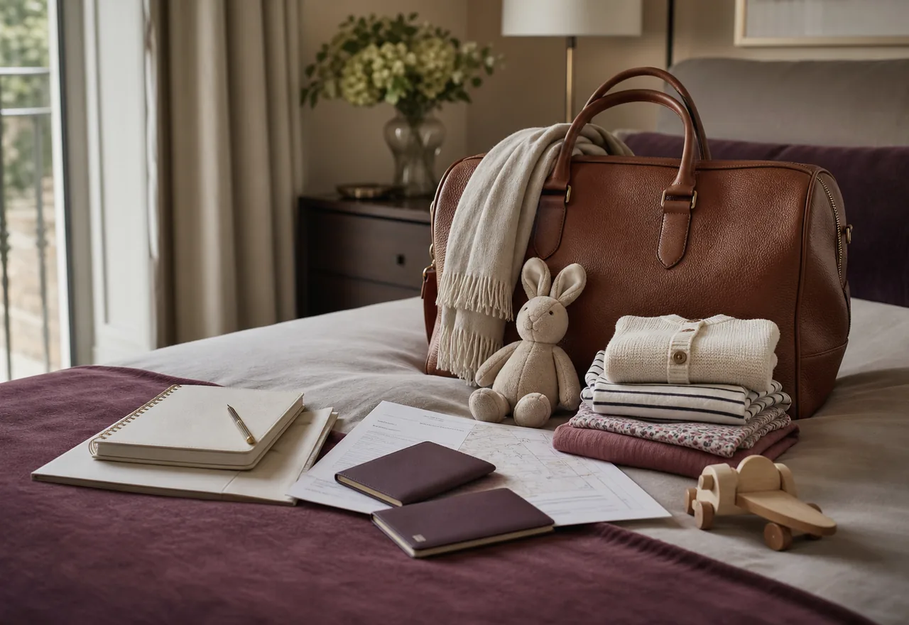 Luxury family travel preparation with children’s clothes and a leather travel bag