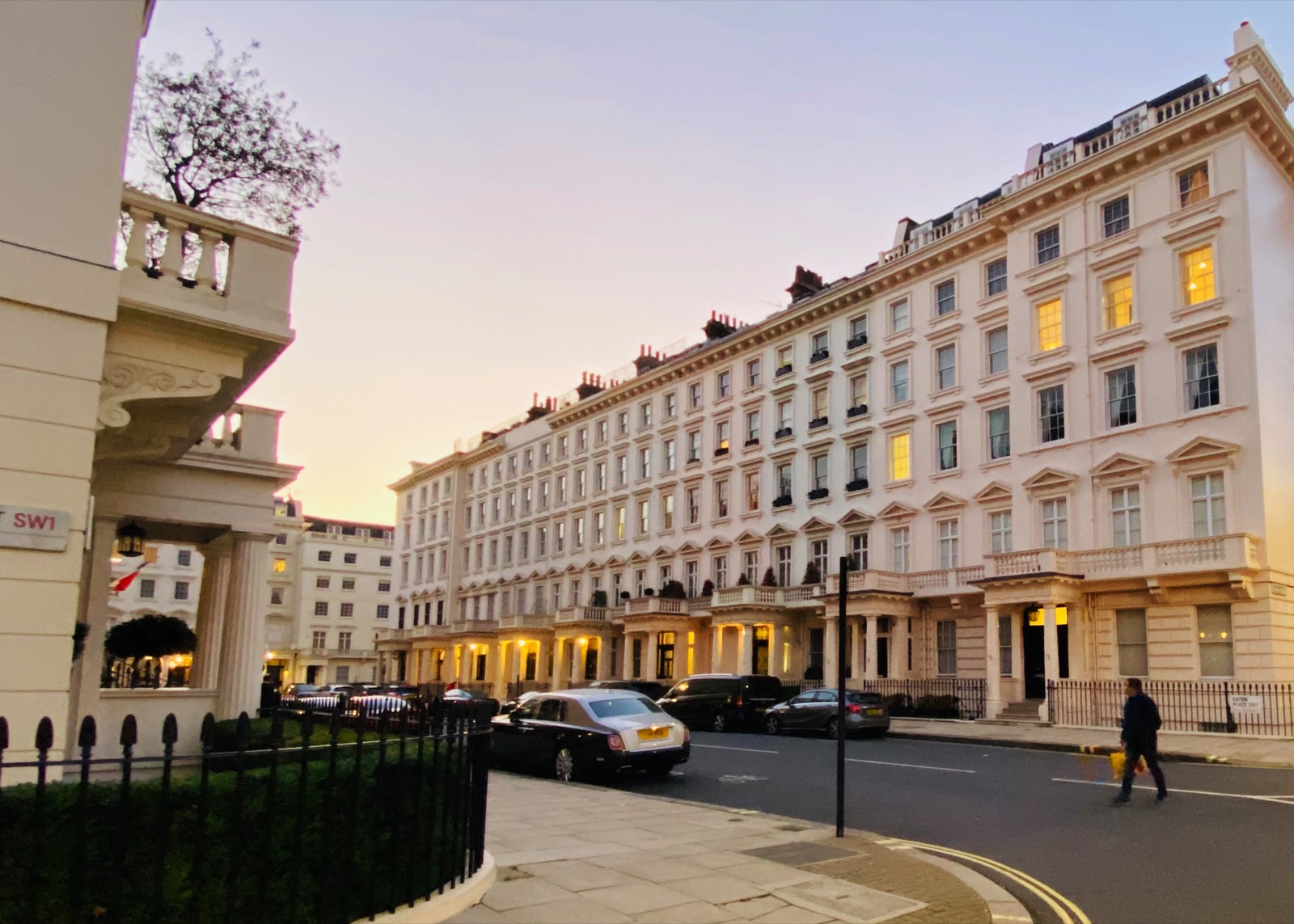 Regency townhouses on Eaton Place in Belgravia at dusk