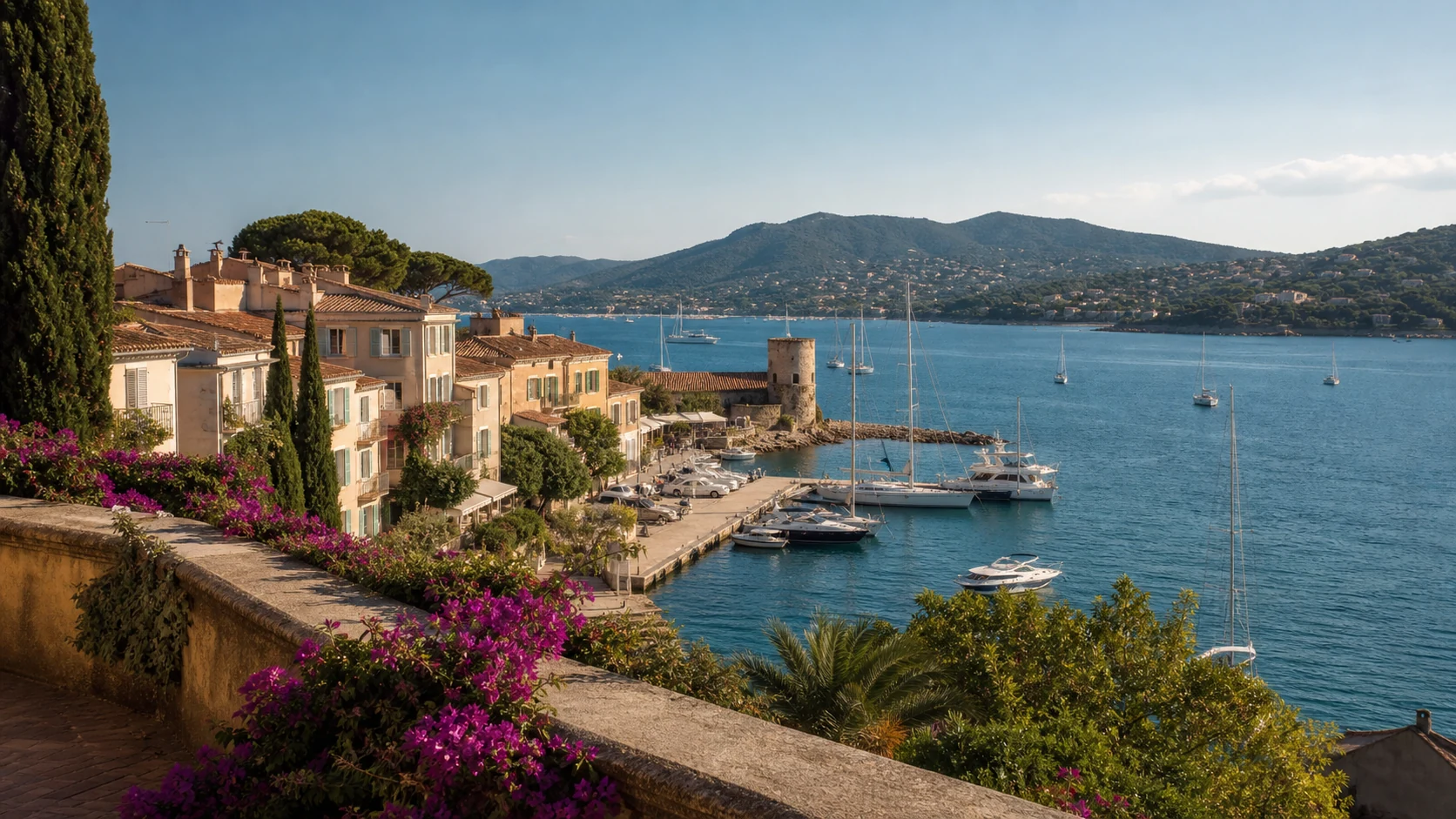 French Riviera waterfront with Mediterranean villas and sailing boats